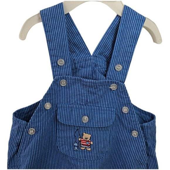 90s Poo Bear Blue Stripe Denim Overalls Button Closure Unisex Baby Large 6-9M - Picture 3 of 8